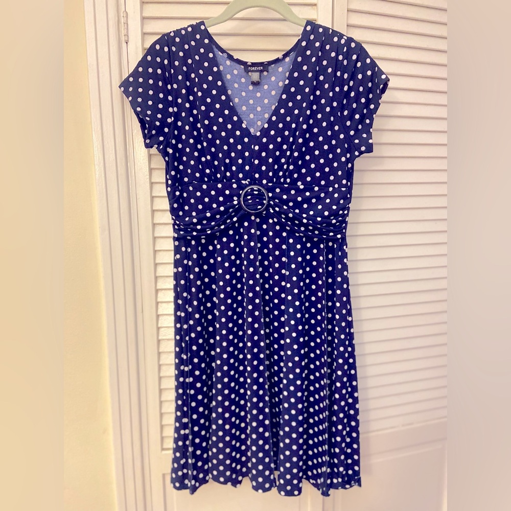 FOREVER Navy Blue & White Pokadot Dress Size PM Like New!